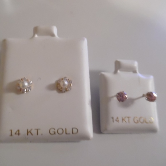 14K Jewelry - 2 PAIR 14K YG CZ EARRINGS